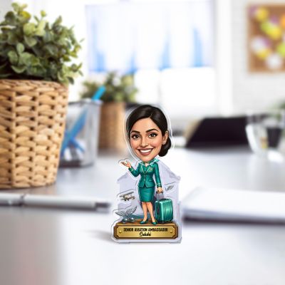 Personalized Air Hostess Bobblehead Caricature Standee with Custom with Name Gift for Flight Attendants & Cabin Crew Car Dashboard Decor Solar Powered Moving Head